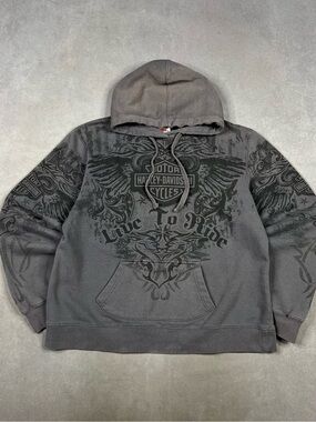 Harley-Davidson Gray Pullover Hoodie with Black Graphic Y2K